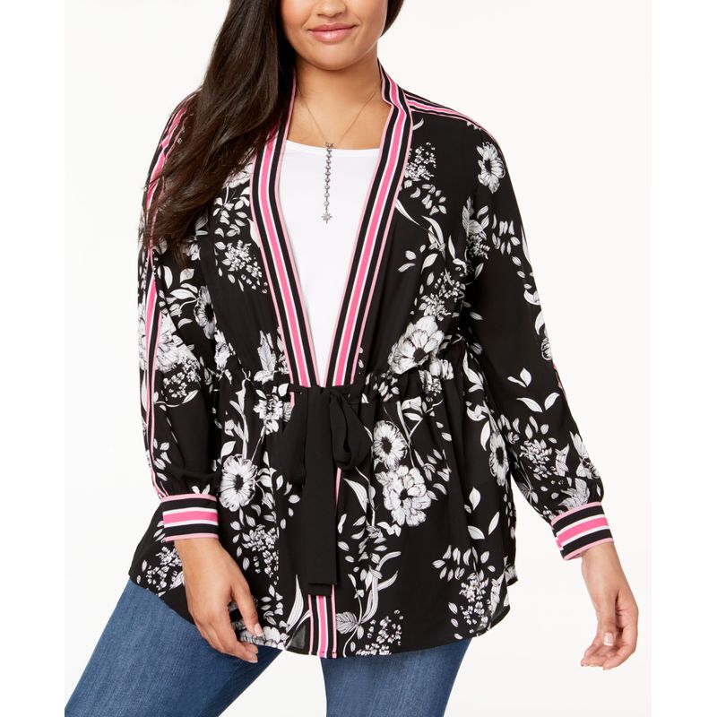 Plus Size Striped Trim Kimono